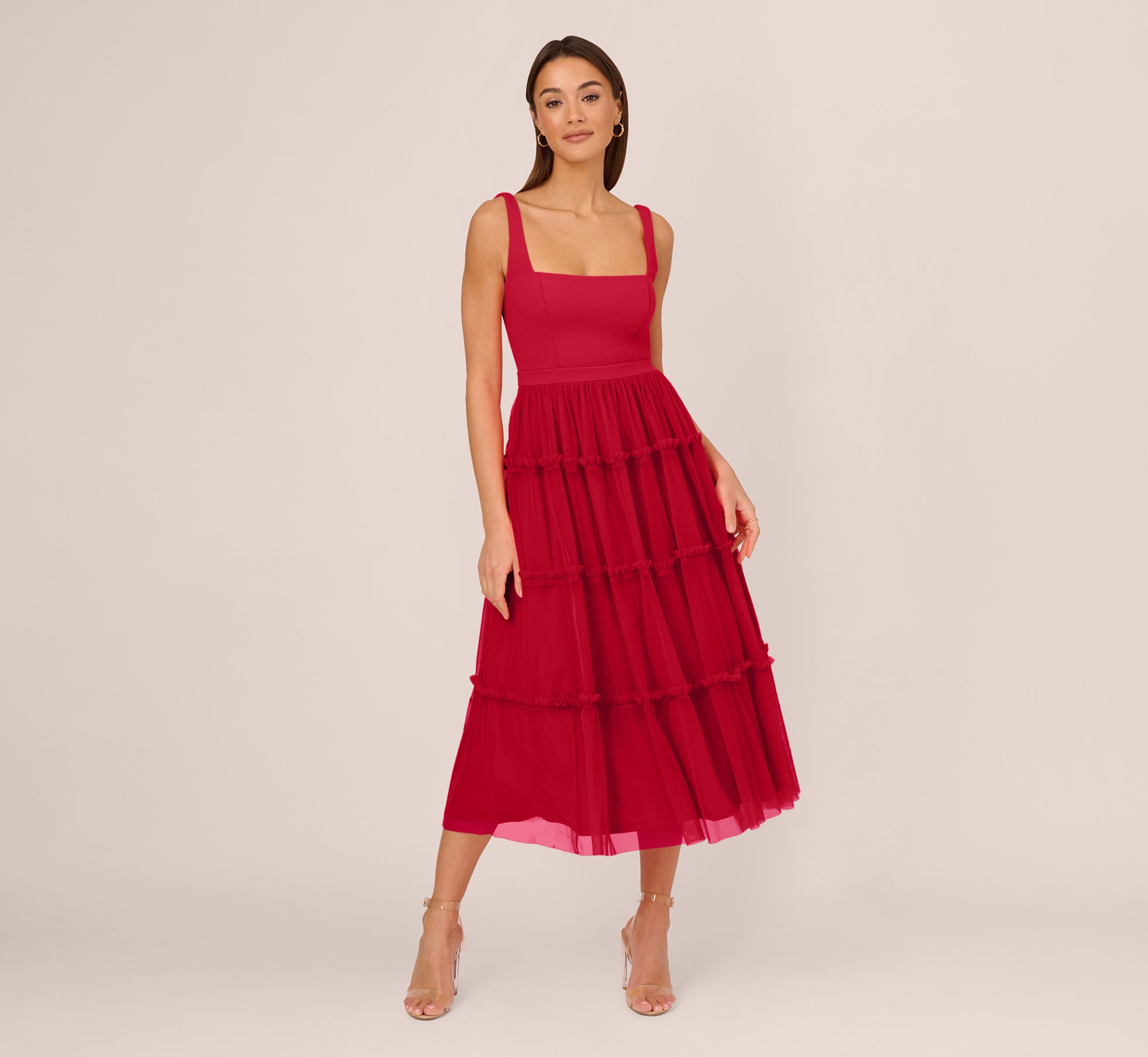 Sleeveless Midi Dress With Square Neck And Tiered Skirt In Matador Red 1