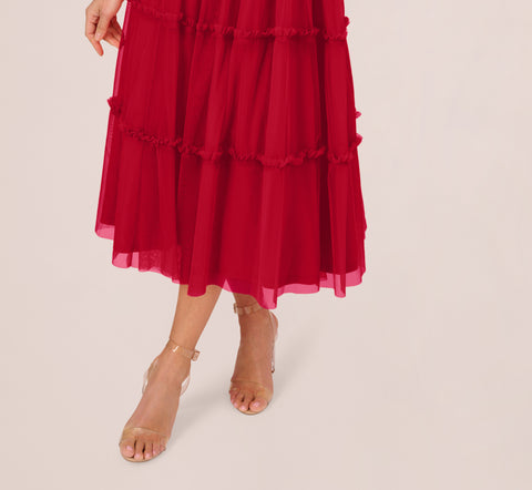 Sleeveless Midi Dress With Square Neck And Tiered Skirt In Matador Red