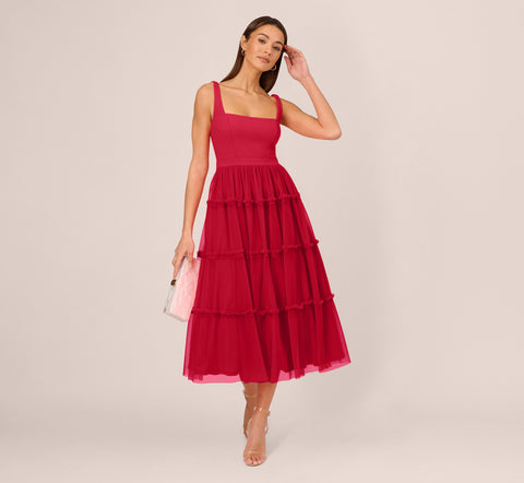 Sleeveless Midi Dress With Square Neck And Tiered Skirt In Matador Red