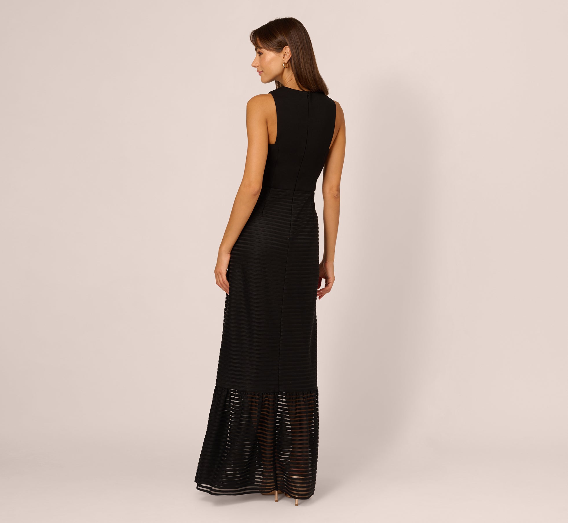 Sleeveless Shadow Stripe Gown With Sheer Flared Skirt In Black