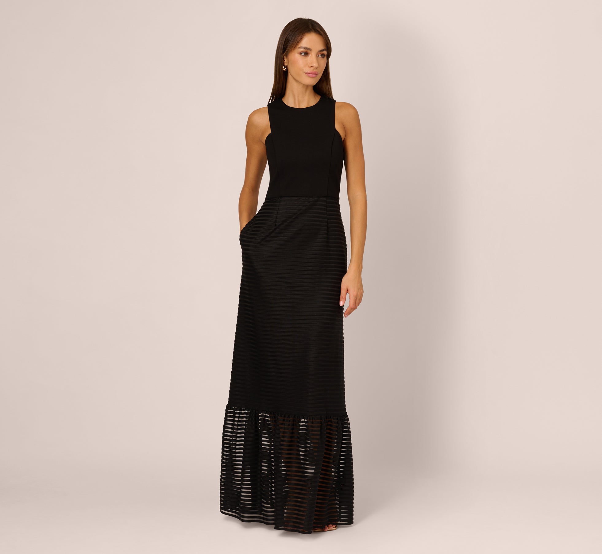 Sleeveless Shadow Stripe Gown With Sheer Flared Skirt In Black