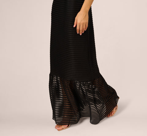 Sleeveless Shadow Stripe Gown With Sheer Flared Skirt In Black