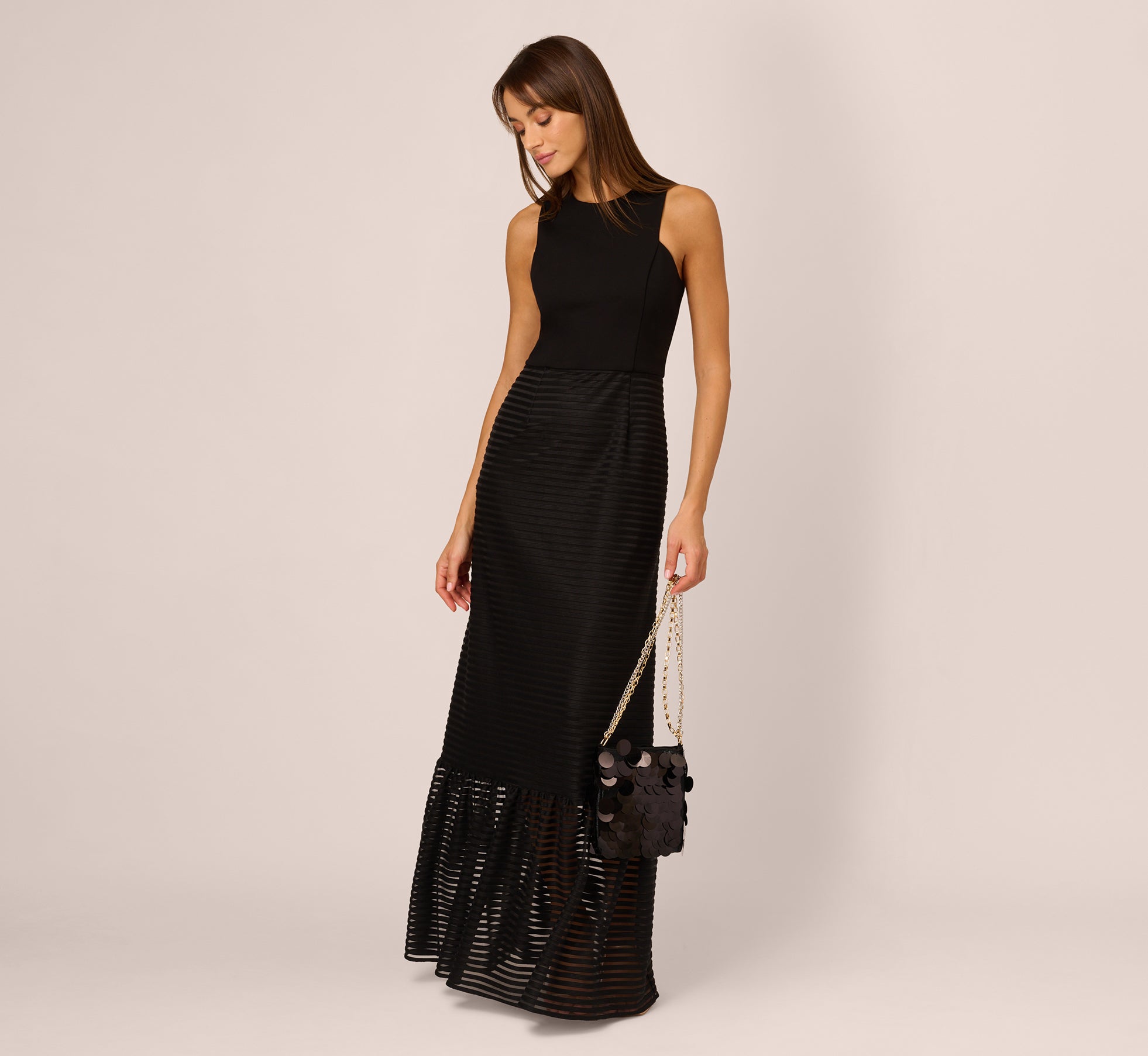 Sleeveless Shadow Stripe Gown With Sheer Flared Skirt In Black