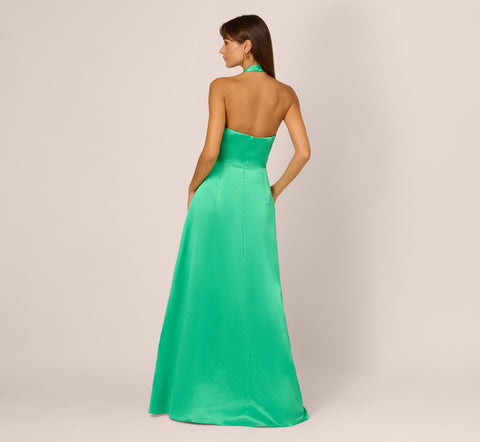 Satin Halter Gown With Cutout Bodice And Metal Accent In Flora