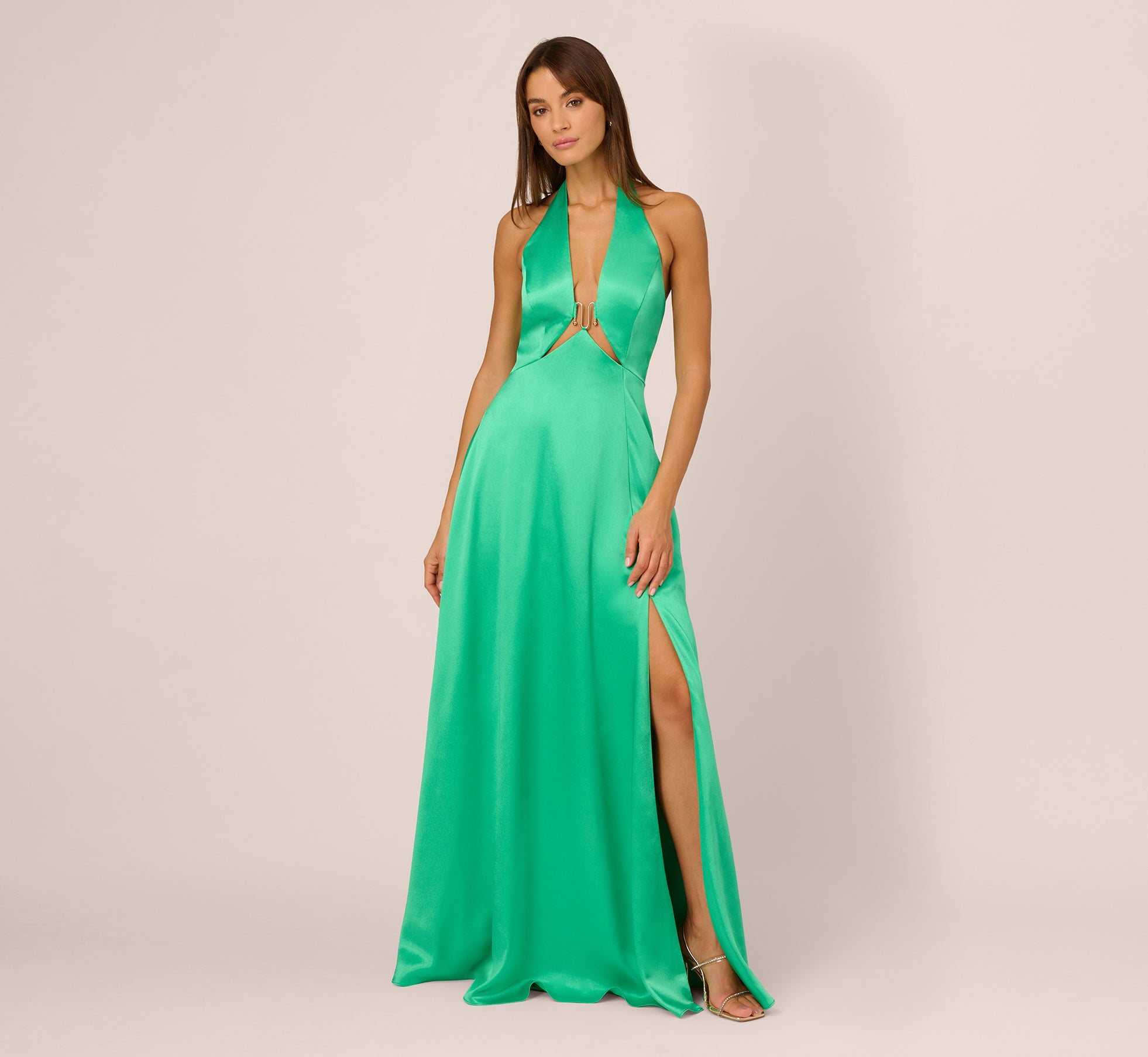 Satin Halter Gown With Cutout Bodice And Metal Accent In Flora