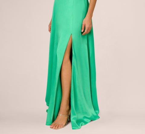 Satin Halter Gown With Cutout Bodice And Metal Accent In Flora