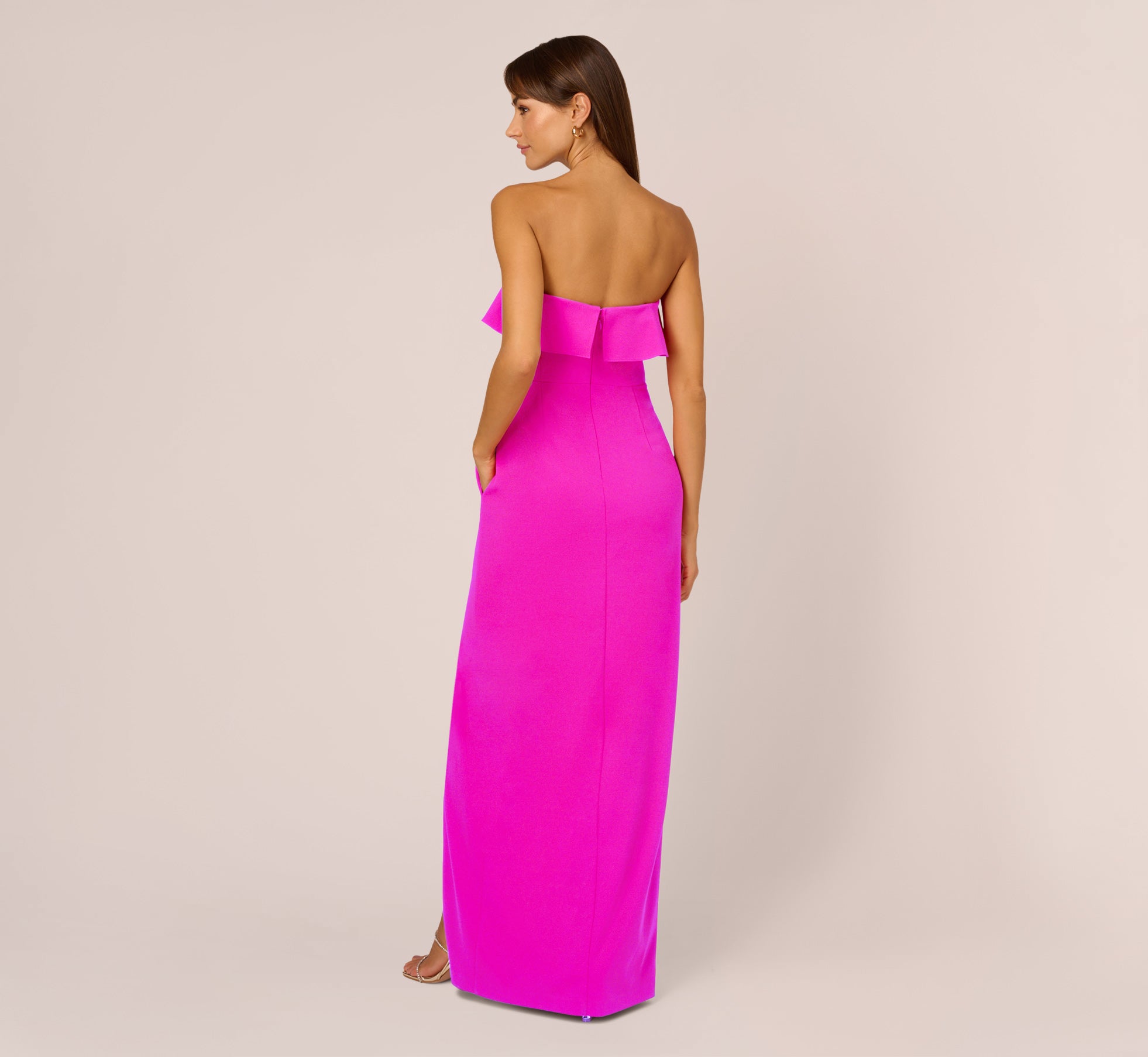 Stretch Crepe Strapless Column Gown With Ruffle Details In Pink