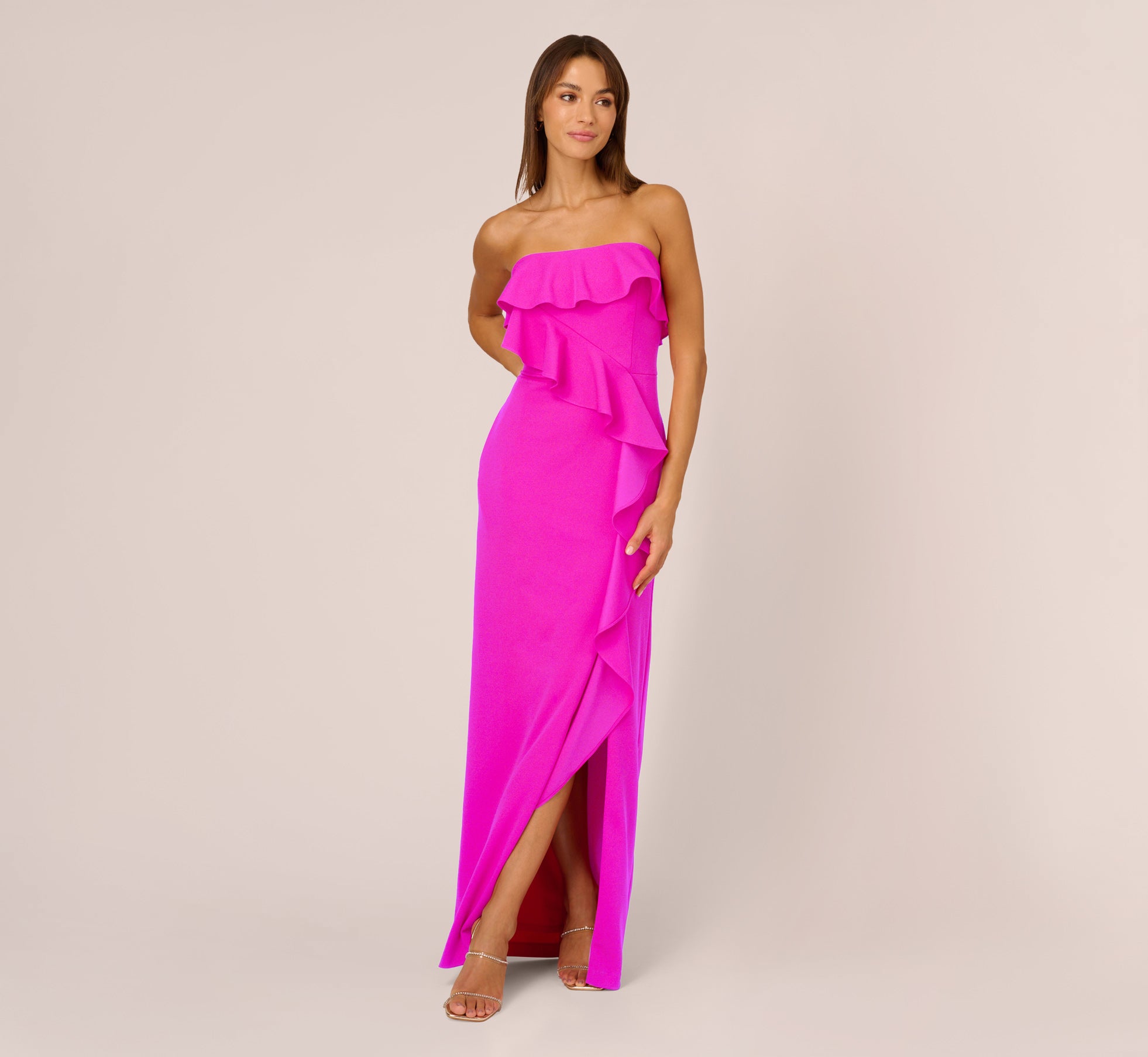 Stretch Crepe Strapless Column Gown With Ruffle Details In Pink