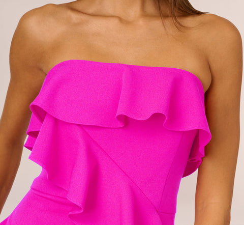 Stretch Crepe Strapless Column Gown With Ruffle Details In Pink Flame