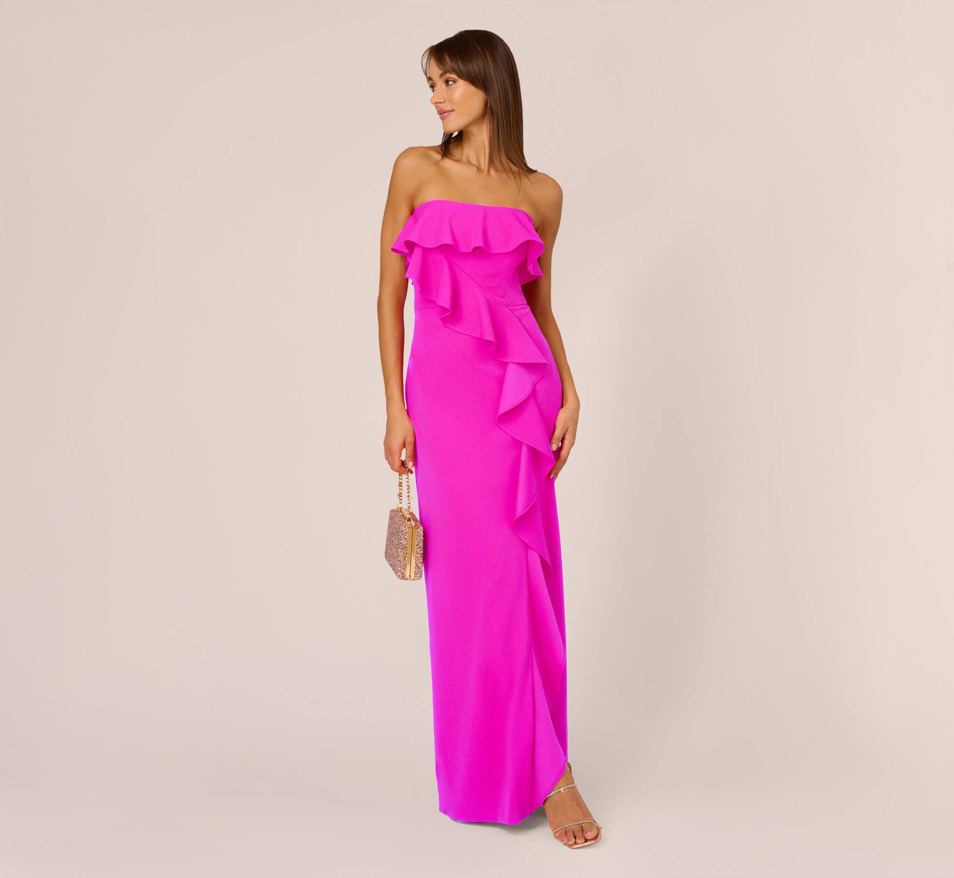 Stretch Crepe Strapless Column Gown With Ruffle Details In Pink