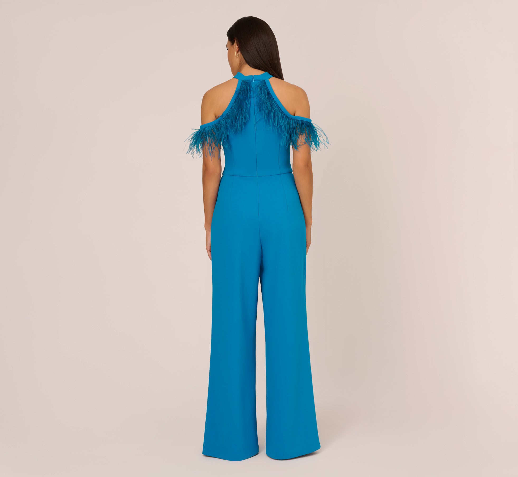 Cold Shoulder Stretch Crepe Jumpsuit With Feather Trim In Deep 
