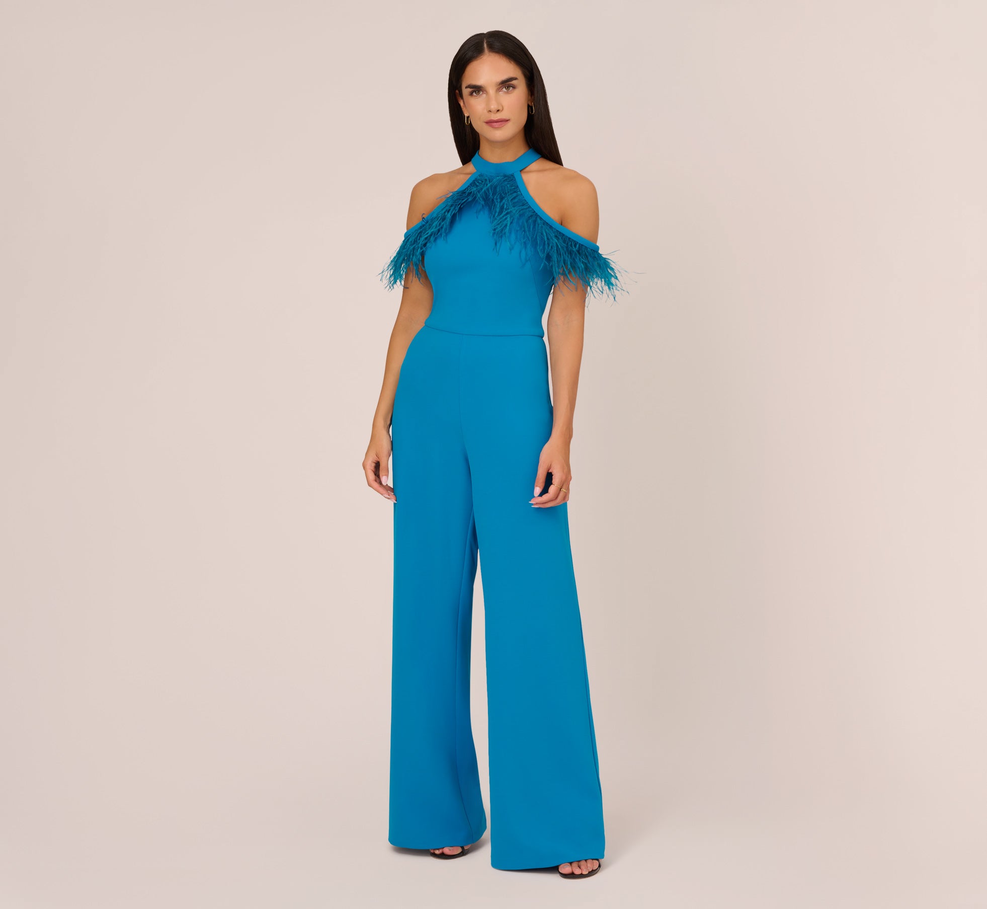 Cold Shoulder Stretch Crepe Jumpsuit With Feather Trim In Deep