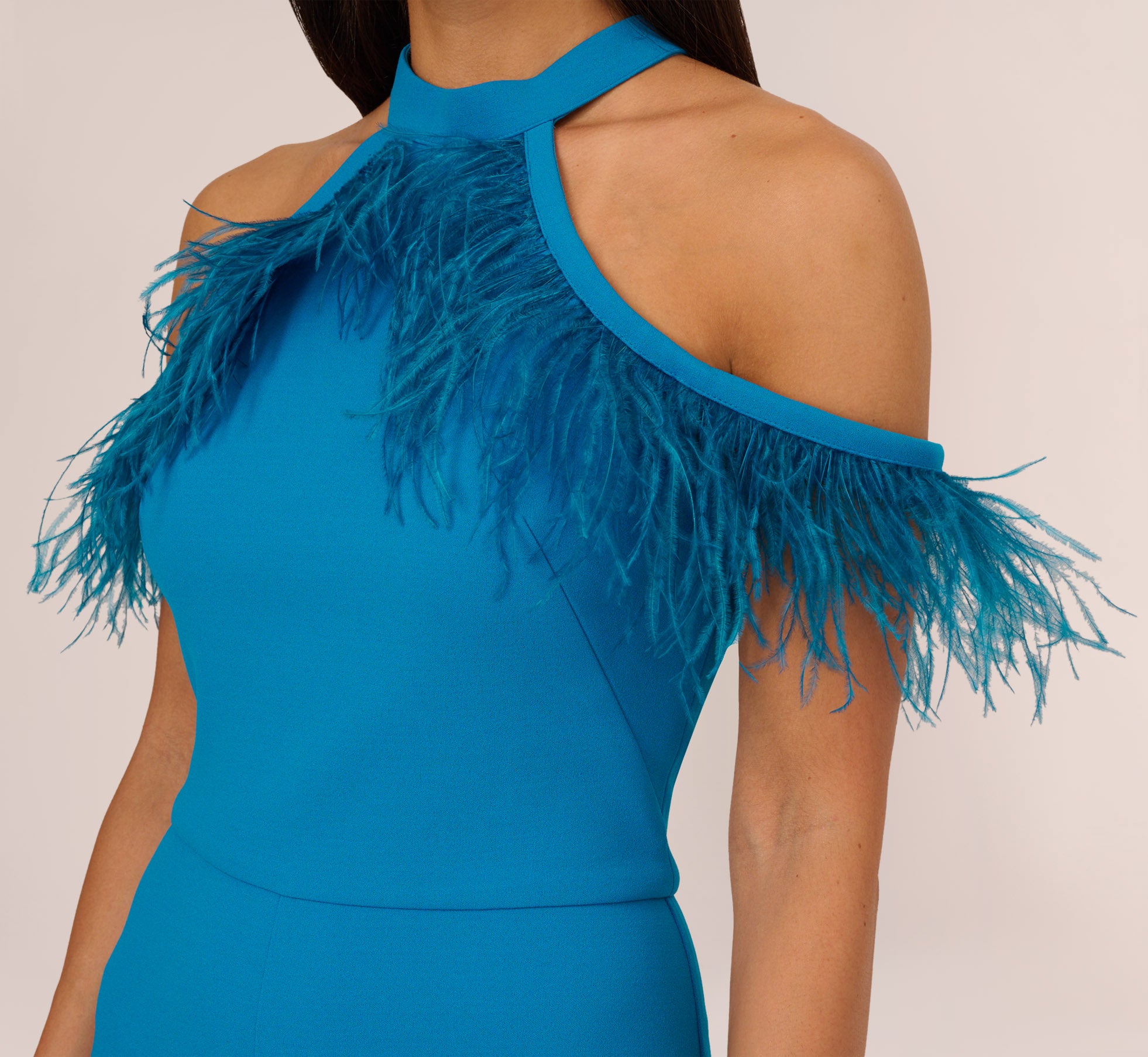 Cold Shoulder Stretch Crepe Jumpsuit With Feather Trim In Deep