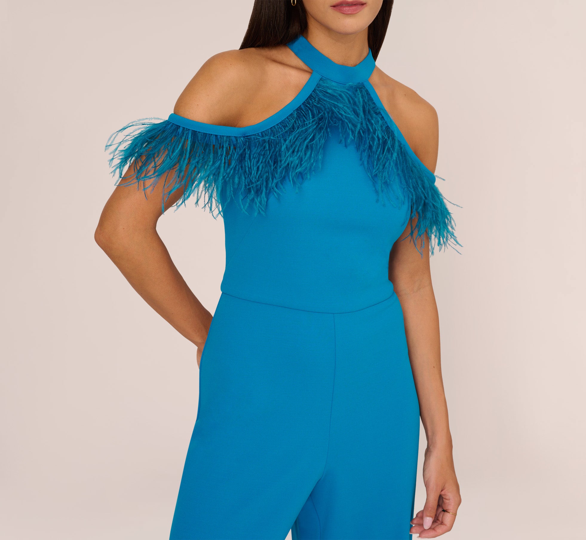 Cold Shoulder Stretch Crepe Jumpsuit With Feather Trim In Deep