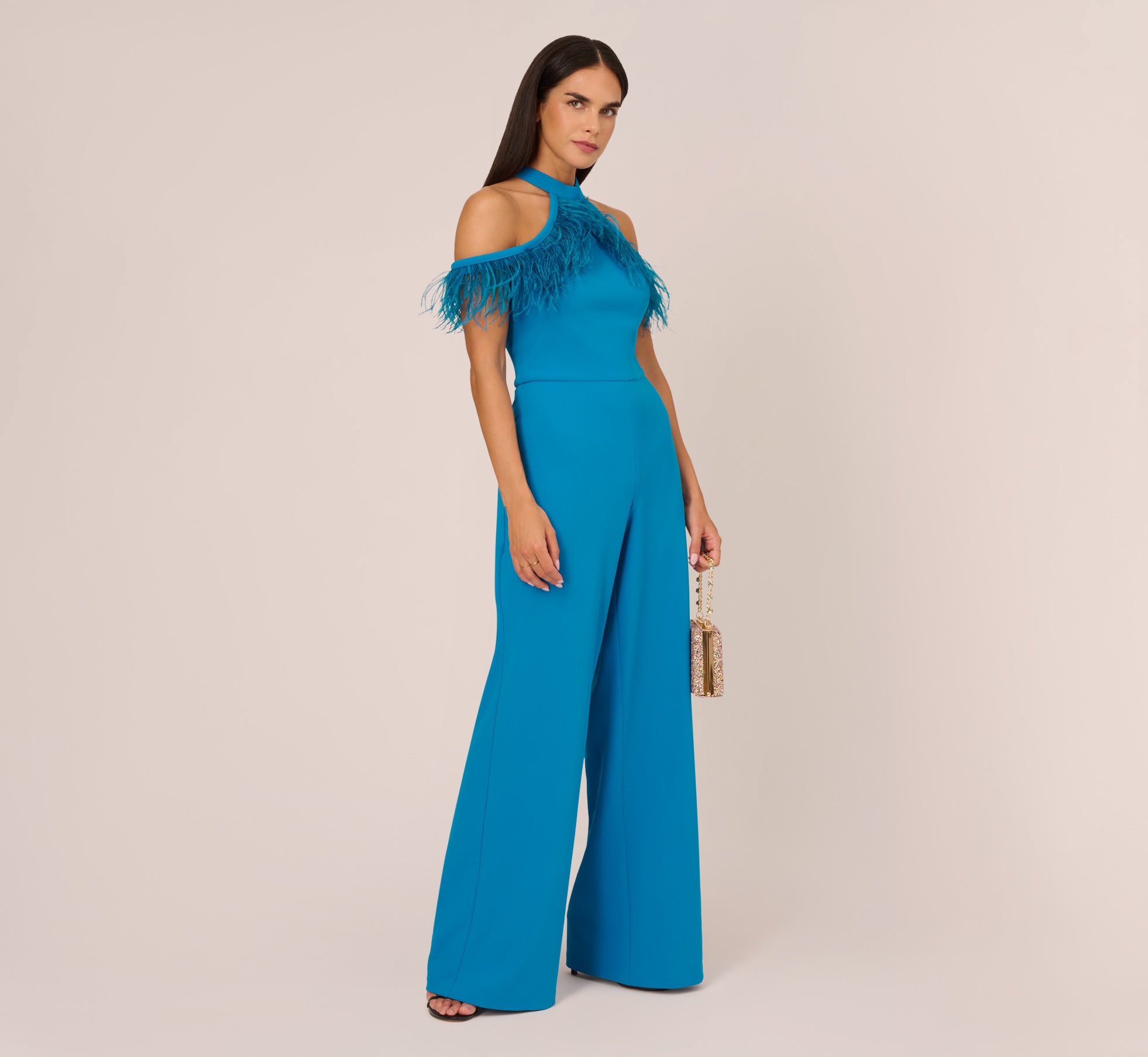 Cold Shoulder Stretch Crepe Jumpsuit With Feather Trim In Deep