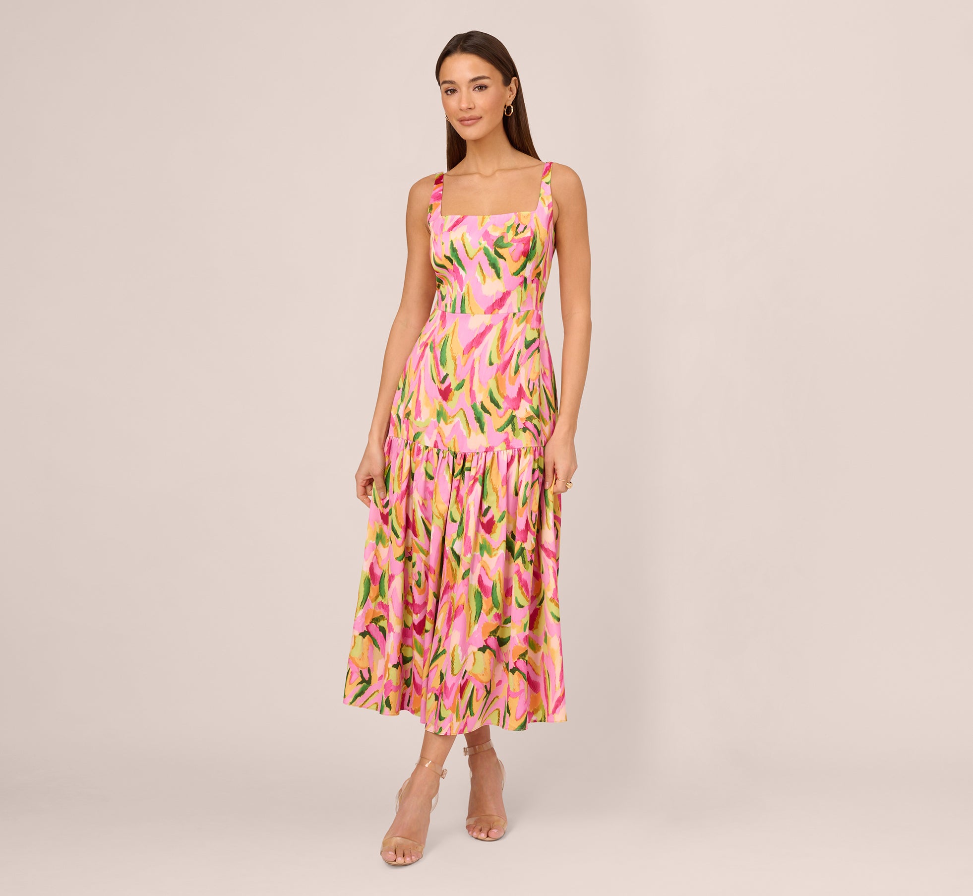 Tropical Print Satin Ankle Length Dress With Tiered Skirt In Pink