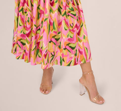 Tropical Print Satin Ankle Length Dress With Tiered Skirt In Pink Multi