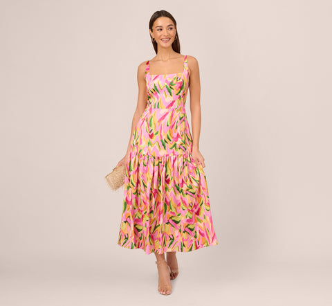 Tropical Print Satin Ankle Length Dress With Tiered Skirt In Pink Multi