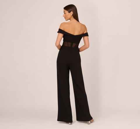 Off The Shoulder Jumpsuit With Sheer Corset Bodice In Black