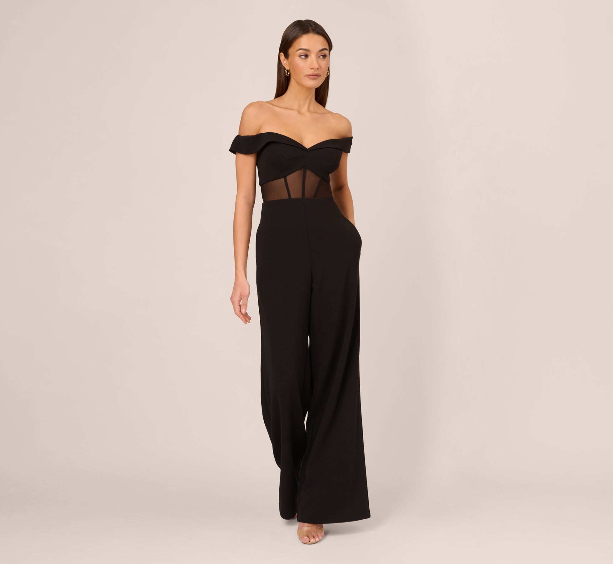 Off The Shoulder Jumpsuit With Sheer Corset Bodice In Black 1