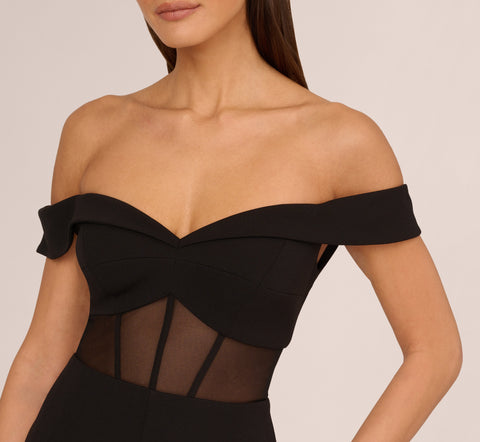 Off The Shoulder Jumpsuit With Sheer Corset Bodice In Black