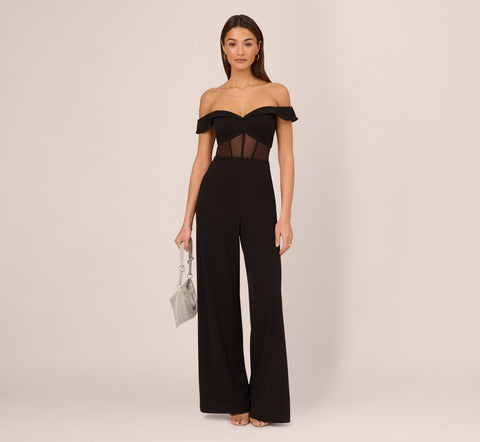 Off The Shoulder Jumpsuit With Sheer Corset Bodice In Black