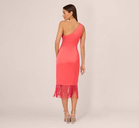 Stretch Satin One Shoulder Midi Dress With Fringe Skirt In Spicy Coral