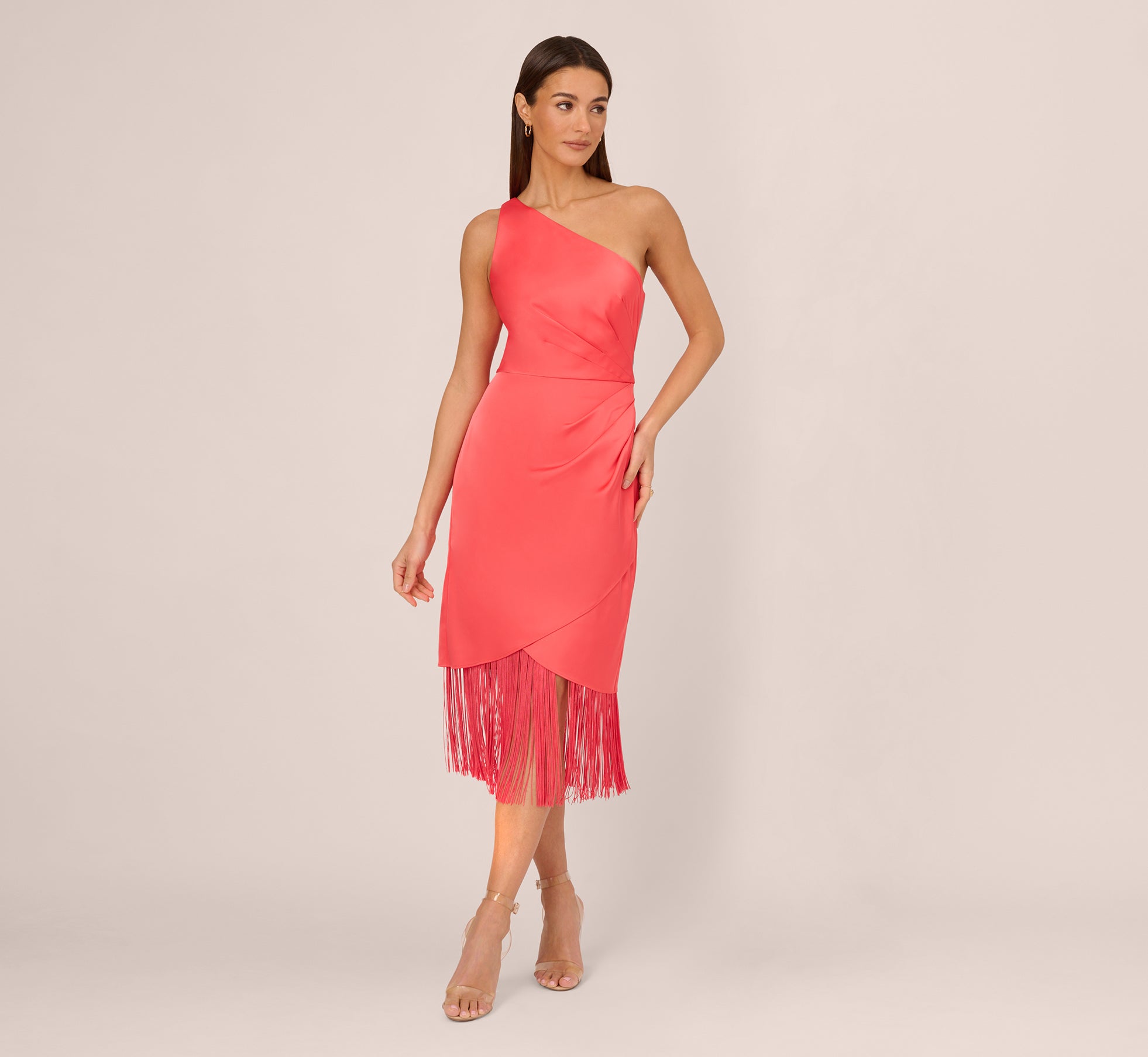 Stretch Satin One Shoulder Midi Dress With Fringe Skirt In Spicy Coral 1