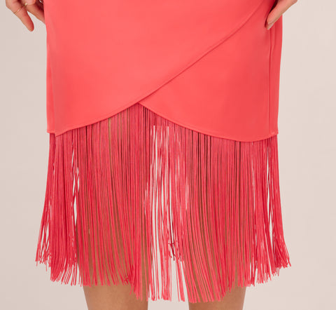 Stretch Satin One Shoulder Midi Dress With Fringe Skirt In Spicy Coral