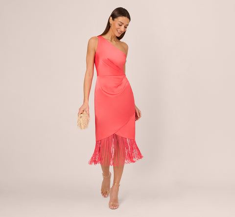 Stretch Satin One Shoulder Midi Dress With Fringe Skirt In Spicy Coral