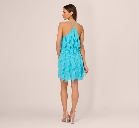 Ruffle Chiffon Halter Dress With Pockets In Azure Blue