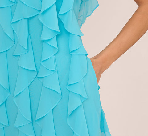 Ruffle Chiffon Halter Dress With Pockets In Azure Blue