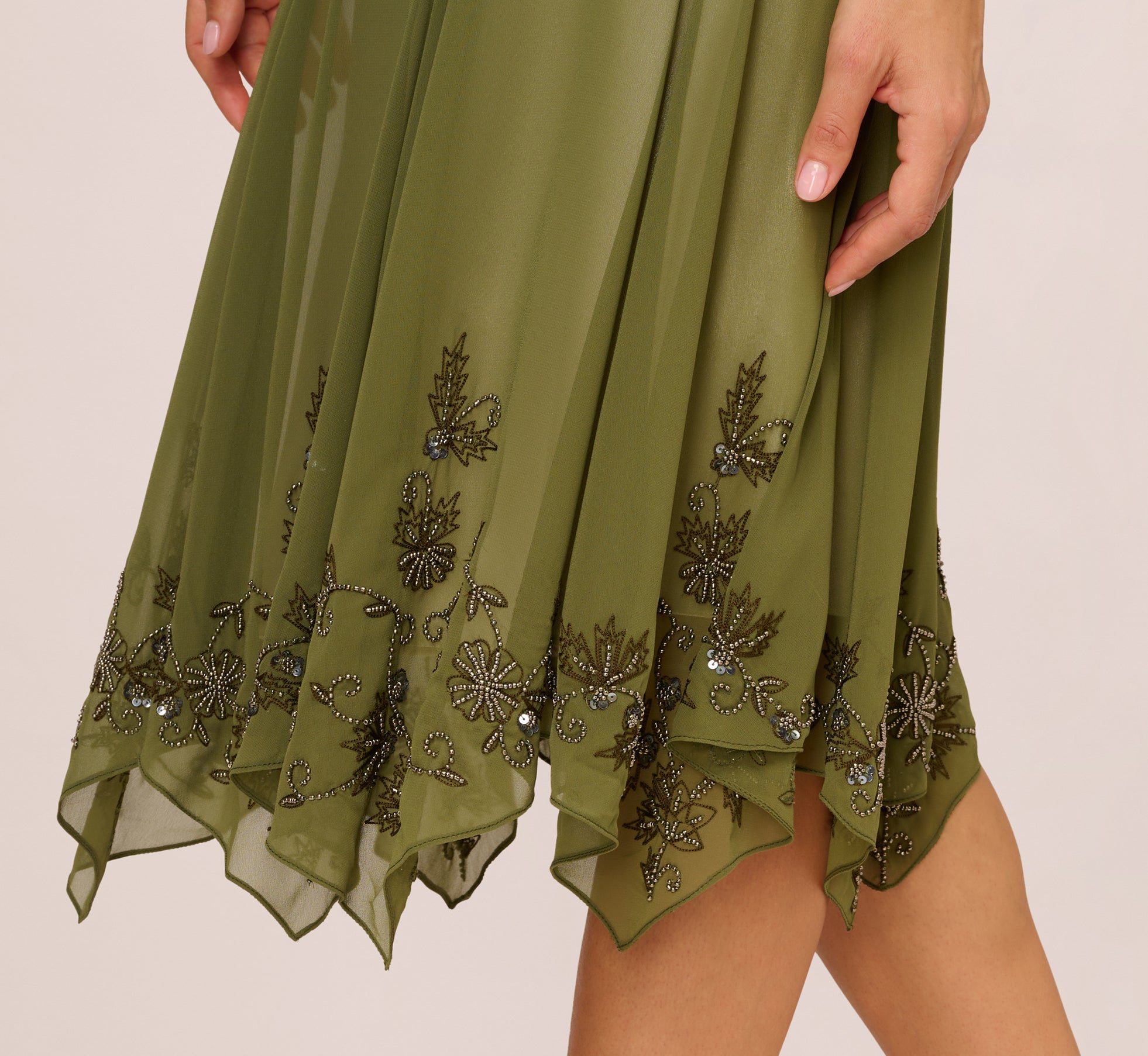 Vintage Beaded Midi Fairy Dress With Sharkbite Hem In Olive