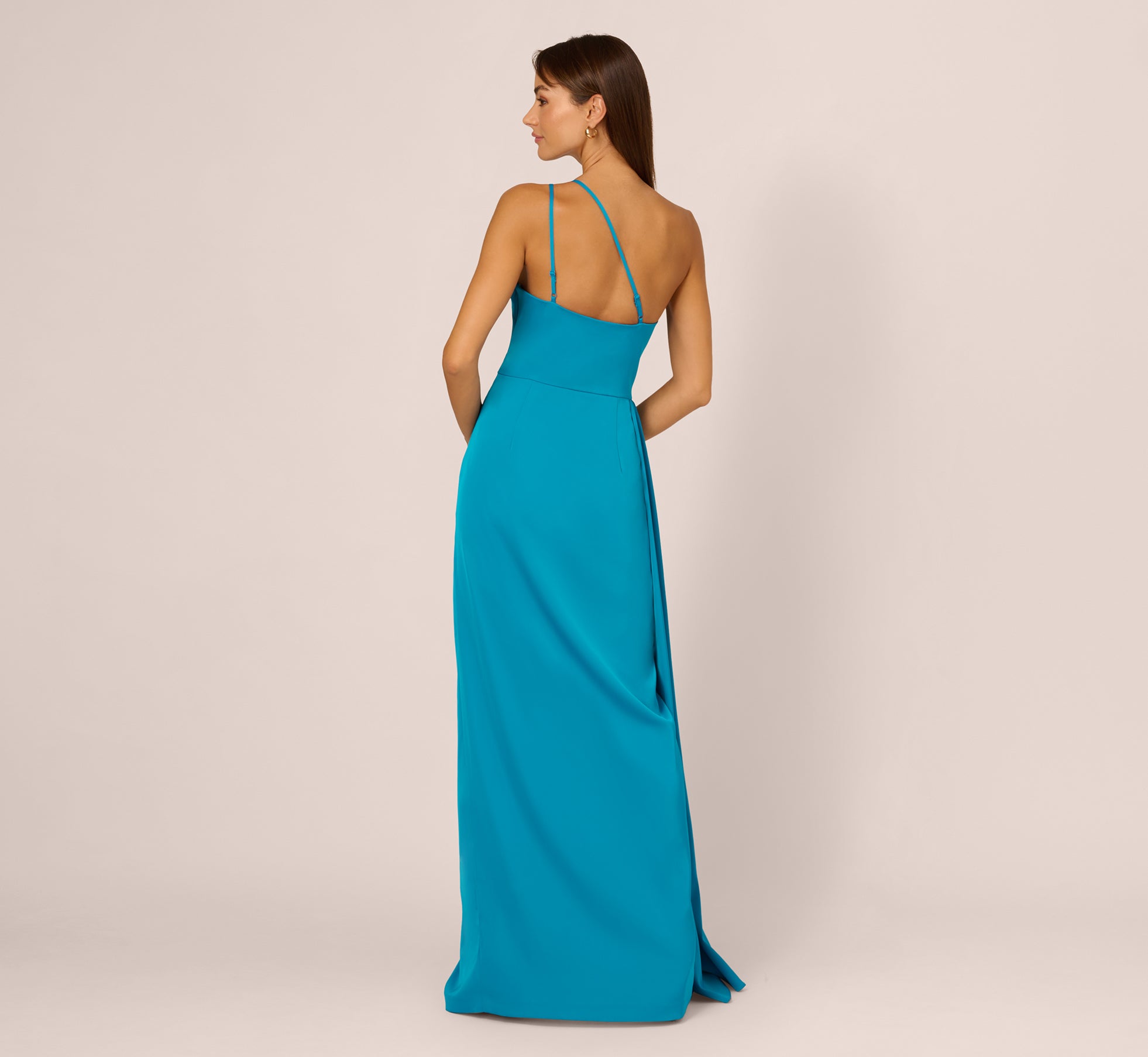 Stretch Satin One Shoulder Gown With Draped Details In Dazzling