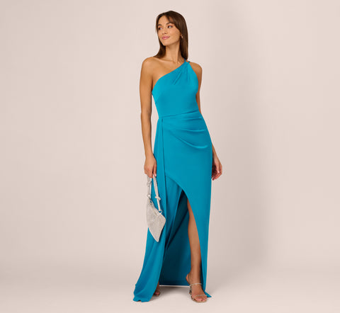 Stretch Satin One Shoulder Gown With Draped Details In Dazzling Ocean