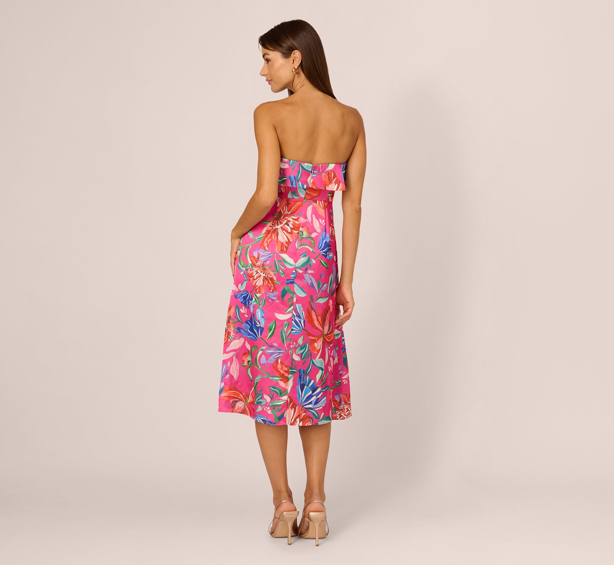 Tropical Floral Sateen Strapless Midi Dress With Ruffle Accent In