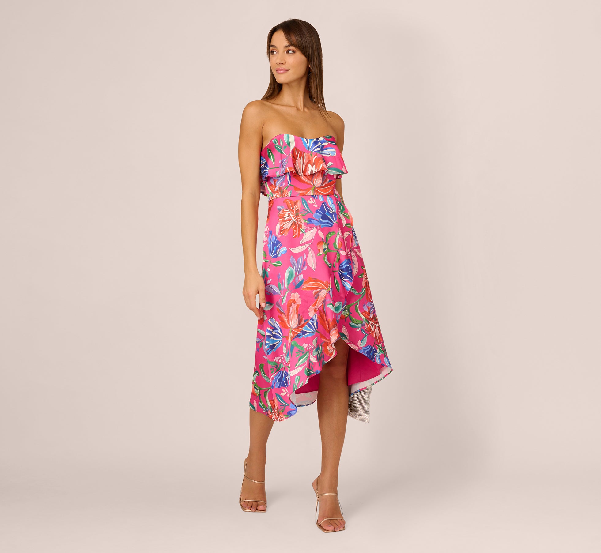 Tropical Floral Sateen Strapless Midi Dress With Ruffle Accent In