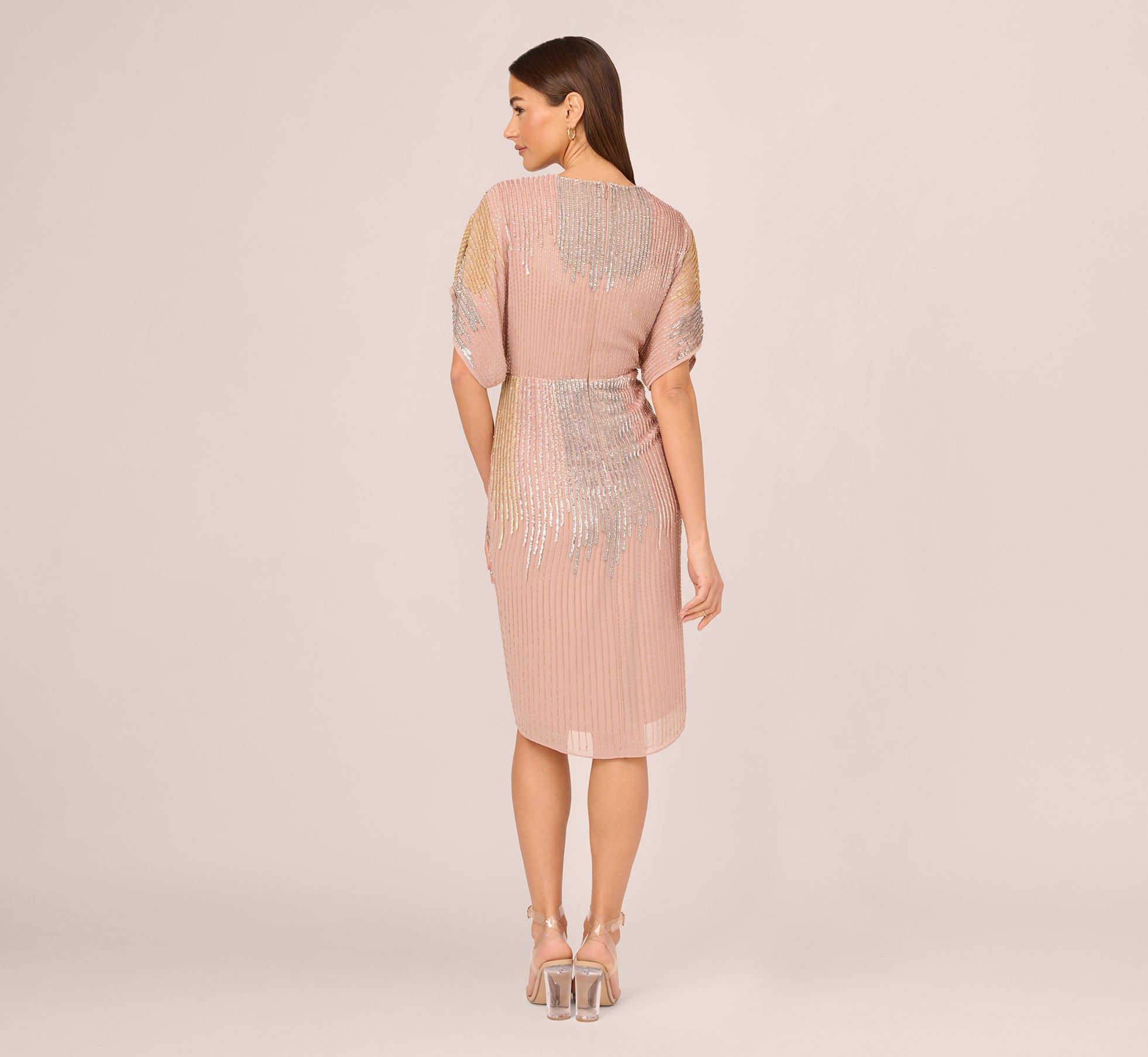 Beaded Faux Wrap Dress With Dolman Sleeves In Rose Gold Adrianna