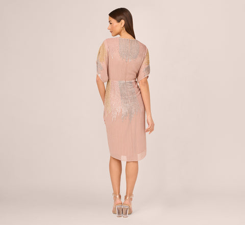 Beaded Faux Wrap Dress With Dolman Sleeves In Rose Gold