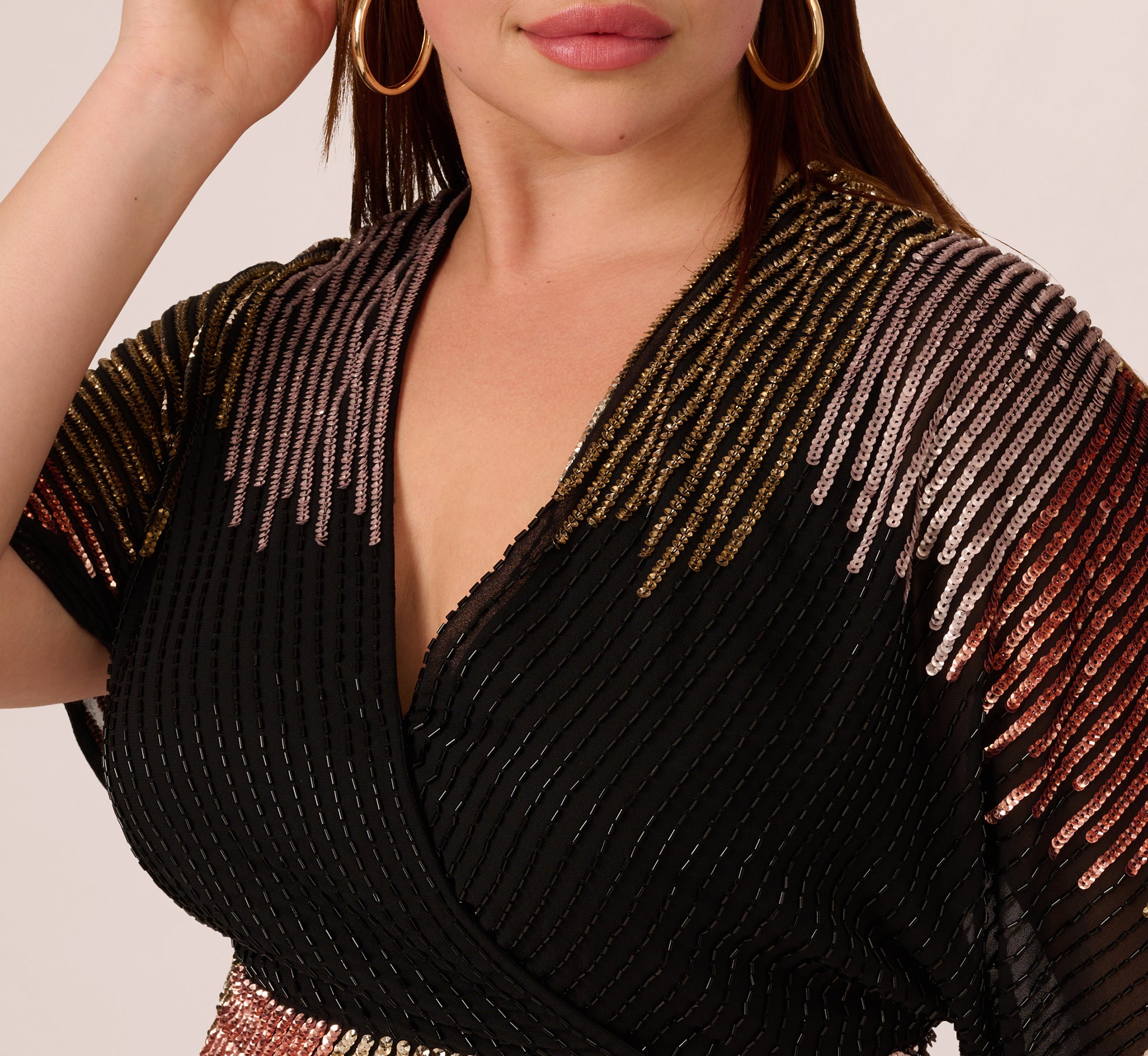 Plus Size Beaded Faux Wrap Dress With Dolman Sleeves In Black