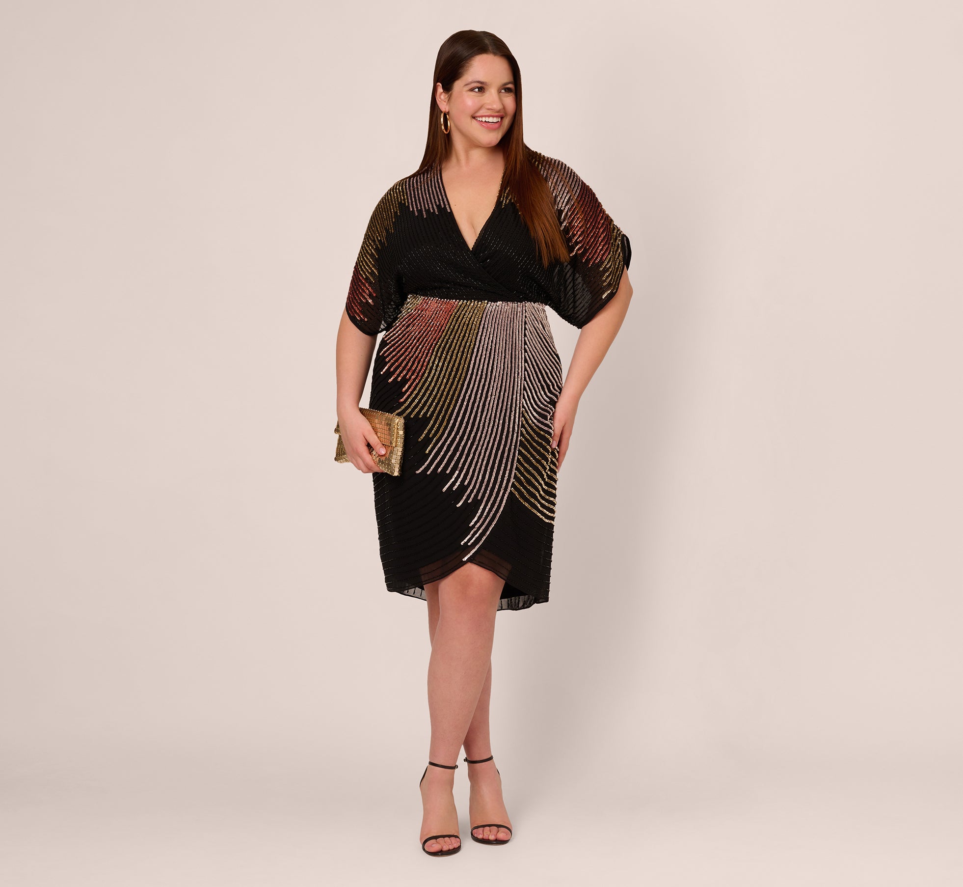 Plus Size Beaded Faux Wrap Dress With Dolman Sleeves In Black