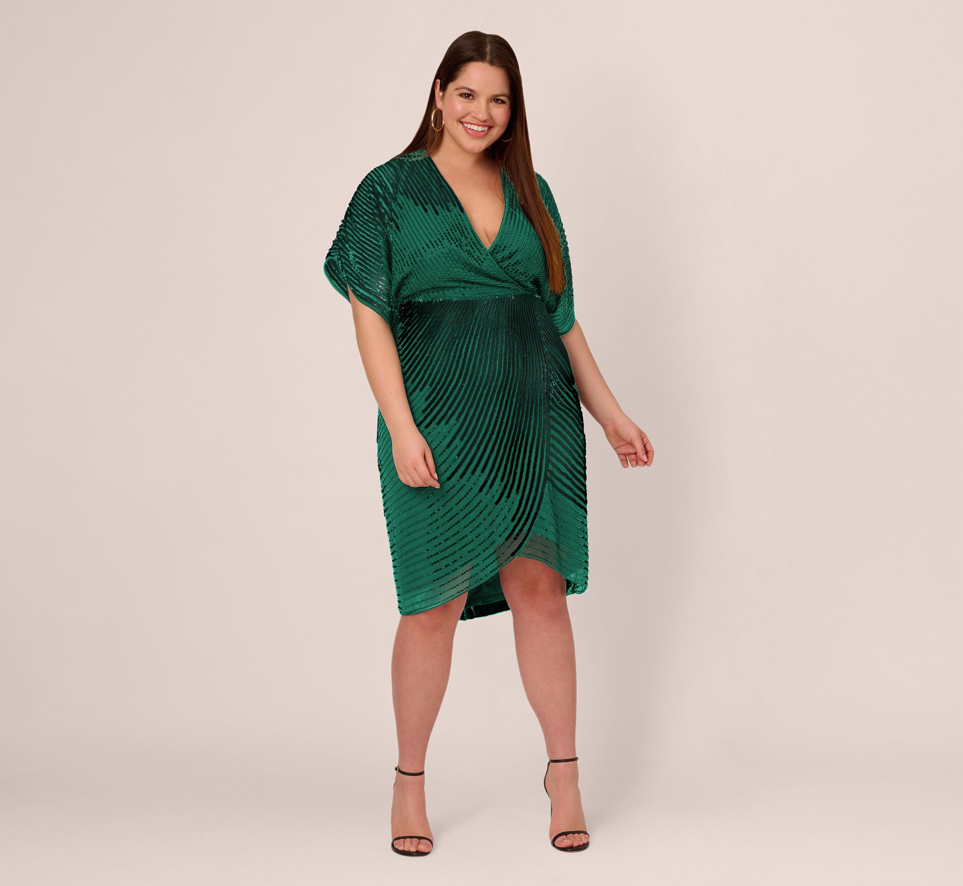 Plus Size Beaded Faux Wrap Dress With Dolman Sleeves In Dark Ivy 1