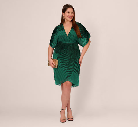 Plus Size Beaded Faux Wrap Dress With Dolman Sleeves In Dark Ivy