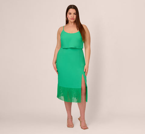 Plus Size Stretch Crepe Popover Midi Dress With Fringe Hem In Summer Green