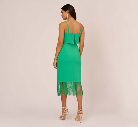 Stretch Crepe Popover Midi Dress With Fringe Hem In Summer Green