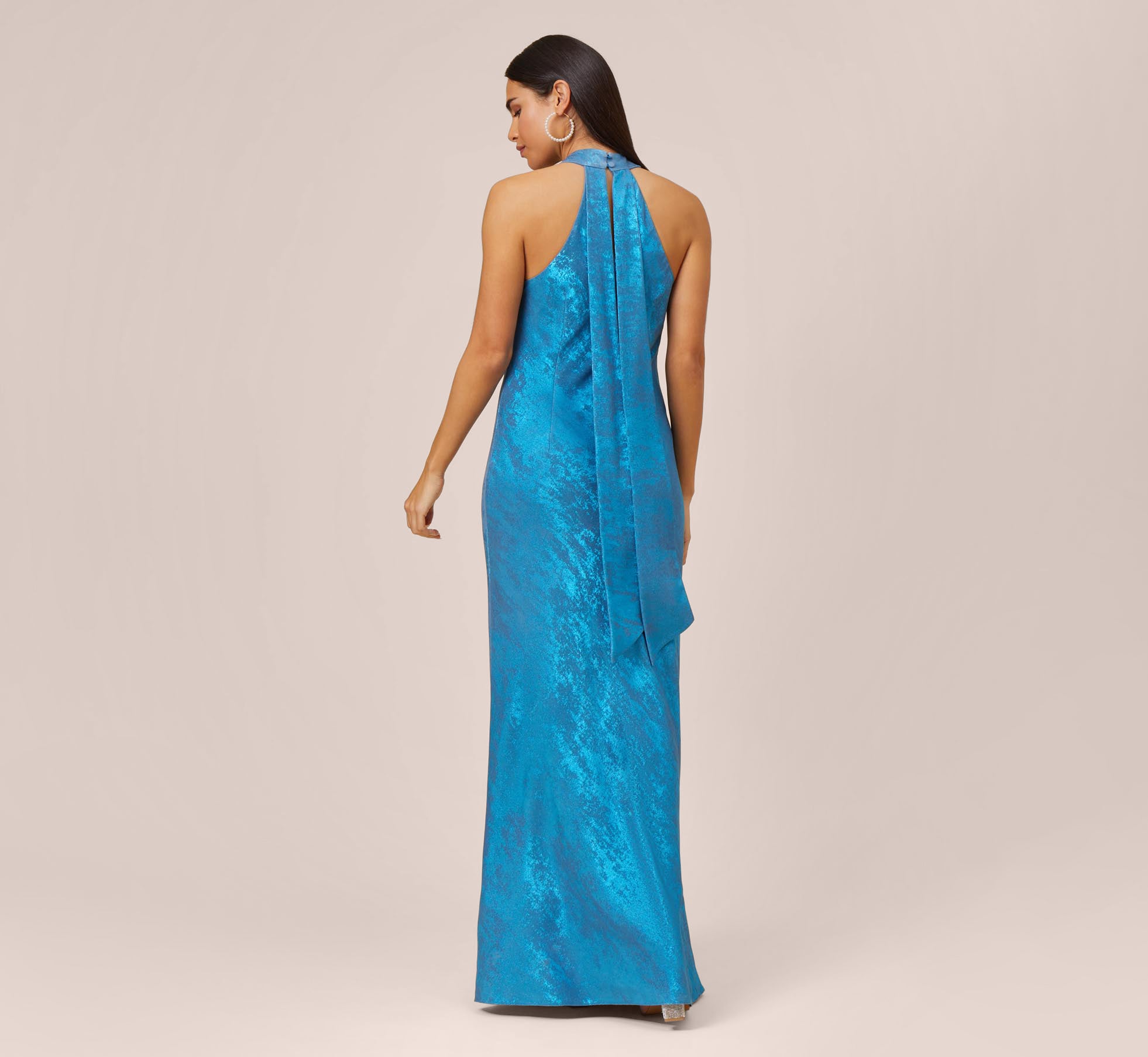 Metallic Chiffon Halter Gown In Ocean Dream Adrianna Papell