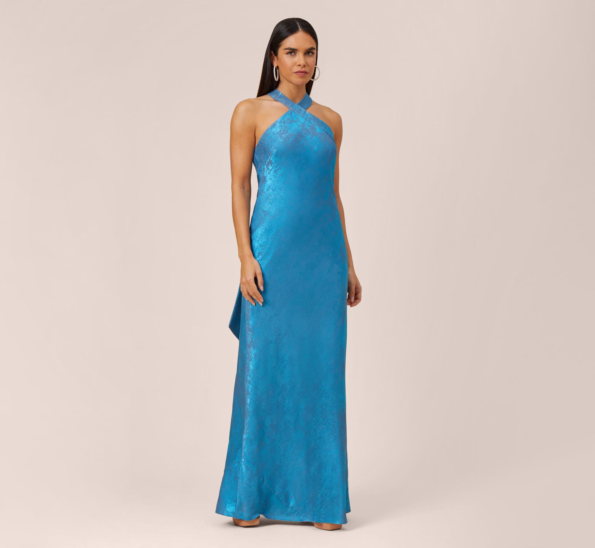 Metallic Chiffon Halter Gown In Ocean Dream Adrianna Papell