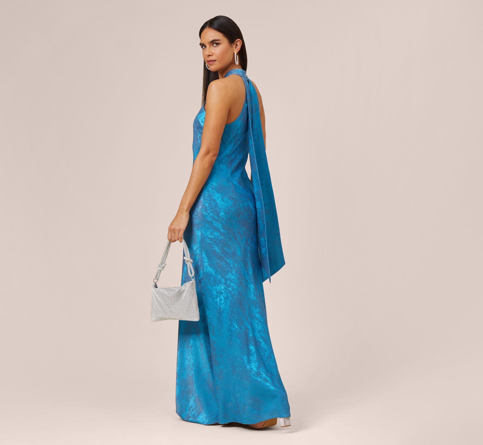 Metallic Chiffon Halter Gown In Ocean Dream Adrianna Papell