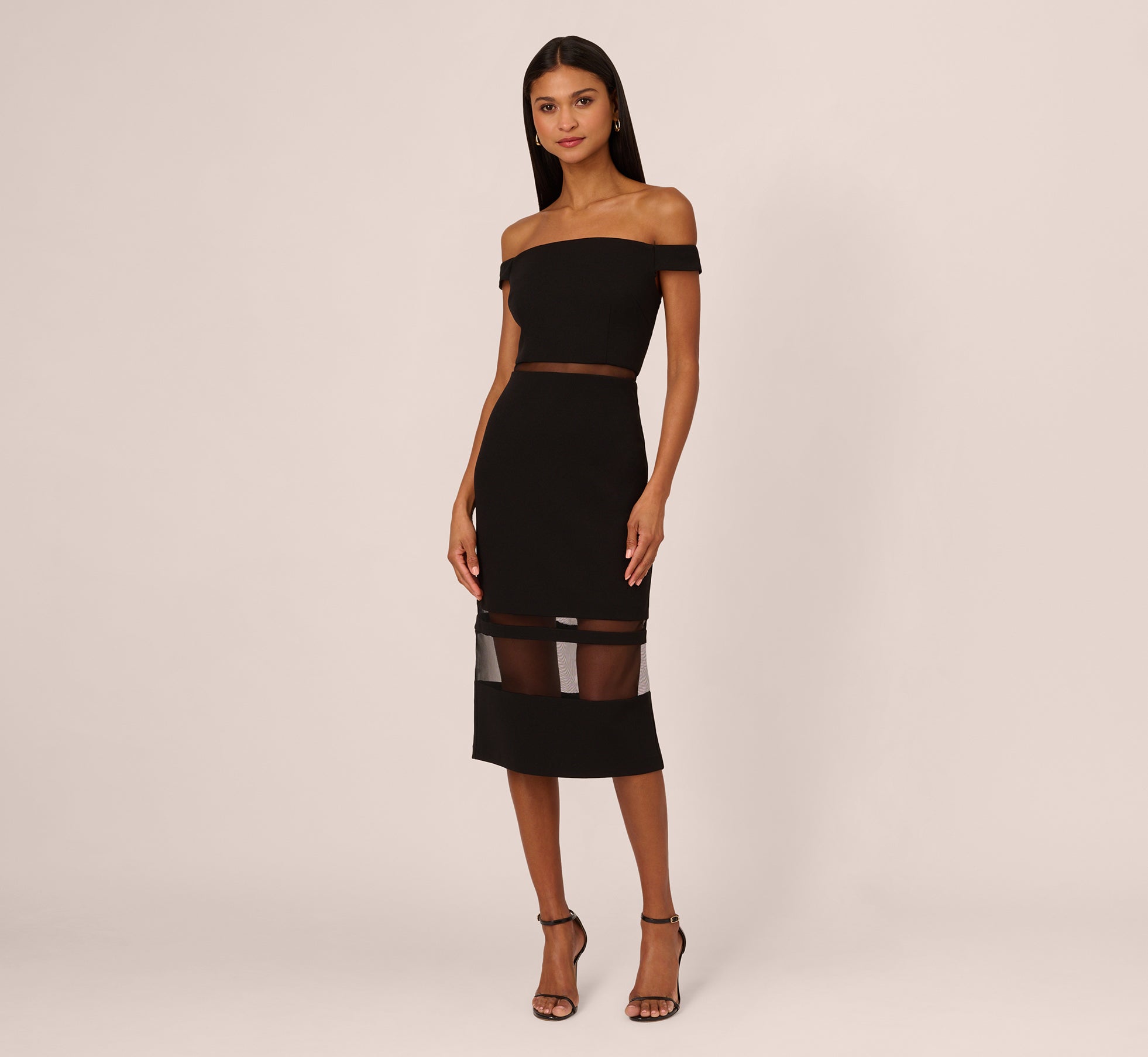 Off The Shoulder Sheath Dress With Sheer Panel Details In Black 1