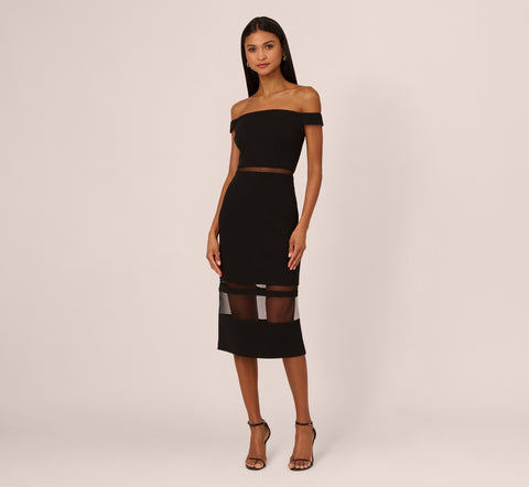 Off The Shoulder Sheath Dress With Sheer Panel Details In Black